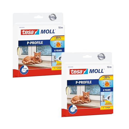 tesamoll P-Profil Gummidichtung im 2er Pack - Selbstklebende Dichtung zum Isolieren von Spalten an Fenstern und Türen - Weiß - 2x 10 m x 9 mm x 5,5 mm von tesa