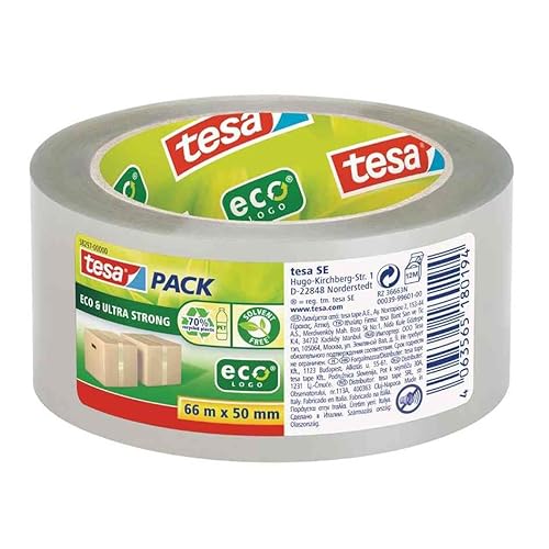 tesa Tesapack ECO und ULTRA STRONG ecoLogo - transparentes Kunststoff-Packband mit extra starker Haftkraft - umweltfreundliches Klebeband, lösemittelfrei hergestellt - 66 m x 50 mm (12 Rollen) von tesa