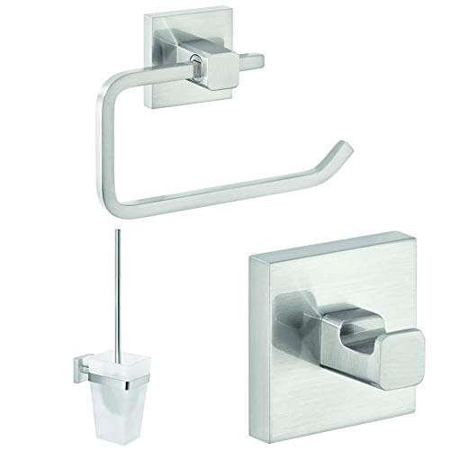 tesa® EXXCLUSIV Gäste-WC Set, Toilettenpapierhalter ohne Deckel, Toilettenbürstenhalter, Handtuchhaken, Edelstahloptik, rostfrei von tesa