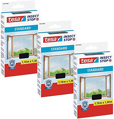 tesa® Insect Stop Fliegengitter Standard für Fenster, nahezu durchsichtig (1,10 m x 1,30 m / 5er Pack, anthrazit) (1,1m:1,3m / 3er Pack, Anthrazit) von tesa