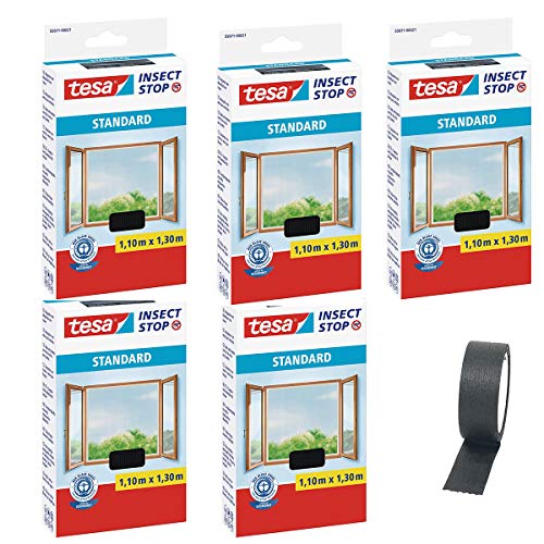 TESA Insect Stop STANDARD Fliegengitter für Fenster (1,1m:1,3m, 5 Stück Anthrazit + Gewebeband 2,5) von tesa