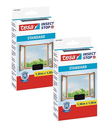 tesa® Insect Stop Standard Fliegengitter für Fenster - Insektenschutz zuschneidbar (2er Pack - Anthrazit (Durchsichtig), 1,3m:1,5m) von tesa