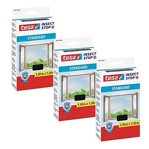 tesa® Insect Stop Standard Fliegengitter für Fenster - Insektenschutz zuschneidbar (3er Pack - Anthrazit (Durchsichtig), 1,3m:1,5m) von tesa