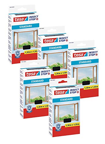 tesa® Insect Stop Standard Fliegengitter für Fenster - Insektenschutz zuschneidbar (5er Pack - Anthrazit (Durchsichtig), 1,3m:1,5m) von tesa