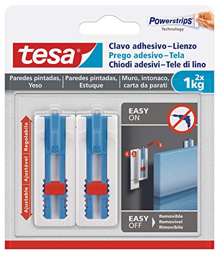 tesa 77778-00001-00 Aufhängen Klebenagel Tapeten & Putz – Höhe verstellbar – Selbstklebende Leinwand und Keilrahmen – Klebkraft 1 kg pro Nagel – spurlos entfernbar, weiß, 2X 1,0kg von tesa