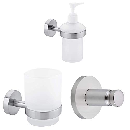 tesa® Moon Waschbecken Accessoires Set, Seifenspender, Zahnbürstenhalter und Handtuchhaken, Edelstahloptik, inkl. Klebelösung, rostfrei von tesa