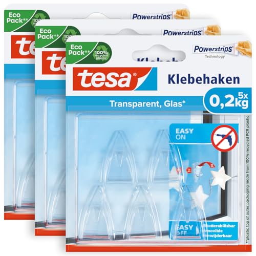 tesa Powerstrips DECO Haken SMALL im 3er Pack - Klebehaken für Deko an Glas und Spiegel - bis zu 200 g Haltekraft - 3 x 5 Haken von tesa