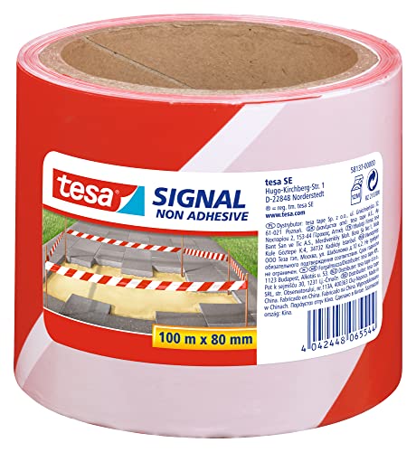 tesa® Signal Absperrband - Warnband zur Absperrung, Markierung und zur Abgrenzung von Gefahrenbereichen - nicht klebend - Rot-Weiß, 100 m x 80 mm von tesa