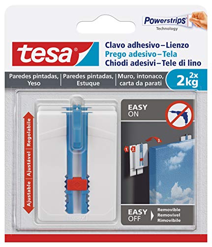 tesa® Sticknagel für Leinwand - Tapeten und Gips - höhenverstellbar - selbstklebender Nagel - Leinwand und Rahmen für Keilrahmen - 2 kg Haftkraft pro Nagel - rückstandslos entfernbar von tesa