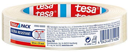 tesapack Ultra Resistant Filamentband - Ultra starkes Premium-Klebeband, glasfaserverstärkt - für schwere Kartons bis zu 30 kg und zur Transportsicherung - 50 m x 25 mm - Transparent von tesa