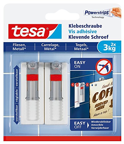 tesa® Verstellbare Klebeschraube für Fliesen und Metall, spurlos wiederablösbar, Haltekraft bis zu 3kg (4er Pack = 8 Schrauben) von tesa