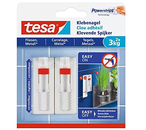 tesa® Verstellbarer Klebenagel für Fliesen und Metall, spurlos wiederablösbar, wiederverwendbar (3 kg / 3er Pack = 6 Nägel) von tesa