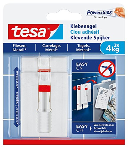 tesa® Verstellbarer Klebenagel für Fliesen und Metall, spurlos wiederablösbar, wiederverwendbar (4 kg / 3er Pack) von tesa