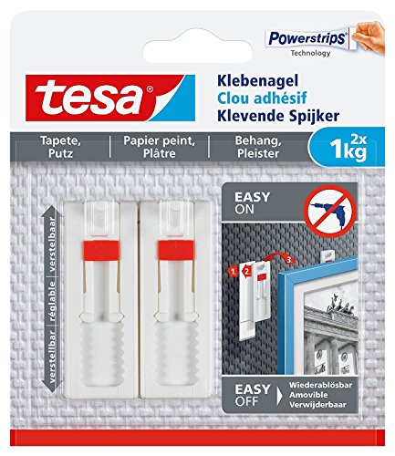 tesa® Verstellbarer Klebenagel für Tapeten und Putz, spurlos wiederablösbar, wiederverwendbar (1 kg / 2er Pack = 4 Nägel) von tesa