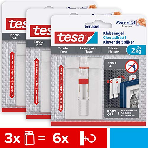 tesa Verstellbarer Klebenagel für Tapeten und Putz 2 kg im 3er Pack - Höhenverstellbarer, selbstklebender Wandnagel - Bis zu 2 kg Halteleistung pro Nagel - 3 x 2 Klebenägel von tesa