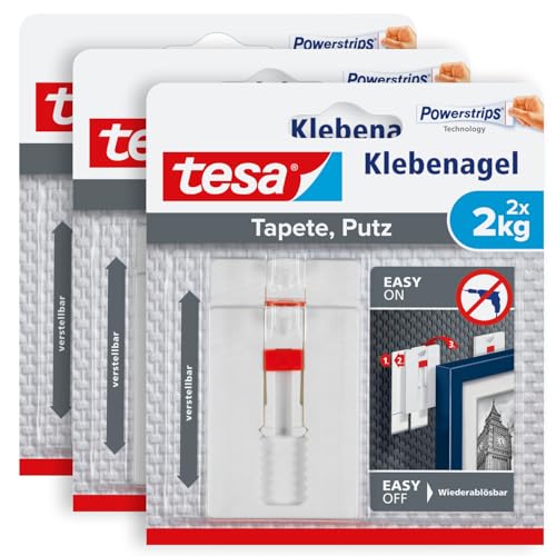 tesa Verstellbarer Klebenagel für Tapeten und Putz 2 kg im 3er Pack - Höhenverstellbarer, selbstklebender Wandnagel - Bis zu 2 kg Halteleistung pro Nagel - 3 x 2 Klebenägel von tesa