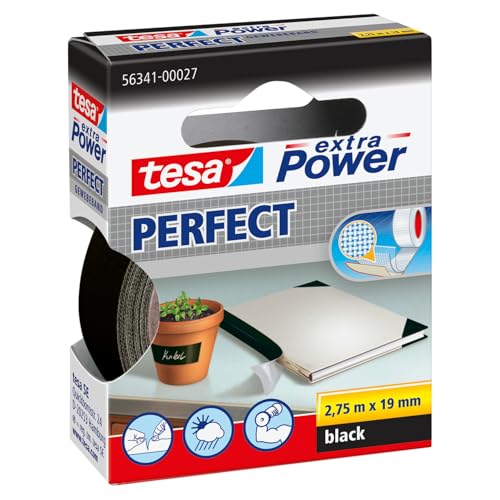 tesa extra Power Perfect Gewebeband - Gewebeverstärktes Ductape zum Basteln, Reparieren, Befestigen, Verstärken und Beschriften - Schwarz - 2,75 m x 19 mm von tesa