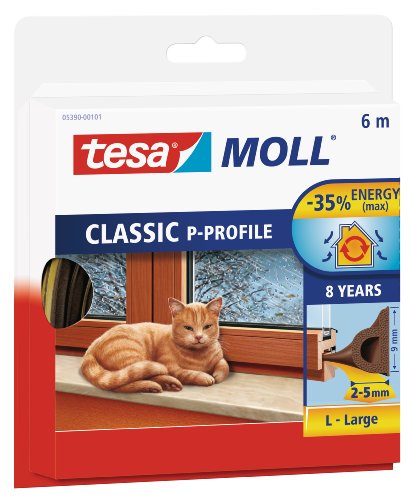 tesamoll P-Profil Gummidichtung - Selbstklebende Dichtung zum Isolieren von Spalten an Fenstern und Türen - Braun - 6 m x 9 mm x 5,5 mm von tesa