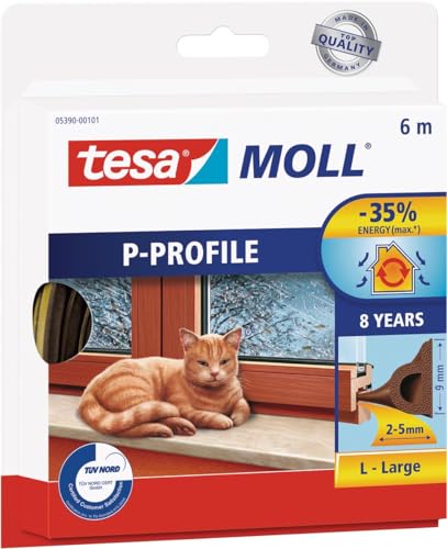 tesamoll P-Profil Gummidichtung - Selbstklebende Dichtung zum Isolieren von Spalten an Fenstern und Türen - Braun - 6 m x 9 mm x 5,5 mm von tesa