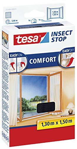 tesa 10 Stück Insect Stop Comfort Fliegengitter für Fenster/Insektenschutz mit Selbstklebendem Klettband in Anthrazit / 130 cm x 150 cm von tesa