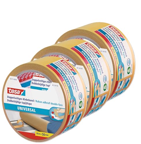 tesa 3 Rollen Doppelseitiges Klebeband Universal - Vielseitiges Klebeband für Verpackungen, Deko und Teppiche oder zum Basteln - 10 m x 50 mm von tesa