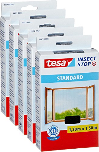 tesa 5 Stück Fliegengitter für Fenster, Standard Qualität, anthrazit, durchsichtig, 1,3m x 1,5m (1) von tesa