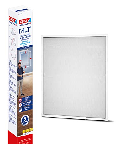 tesa Insect Stop FALT Fenster - Faltbarer Alu-Rahmen - Fliegengitter mit verstellbarem Teleskoprahmen – Rahmen in Weiß -78 cm x 78 cm bis 140 cm x 140 cm von tesa