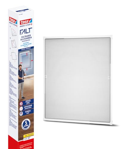 tesa Insect Stop FALT Fenster - Faltbarer Alu-Rahmen - Fliegengitter mit verstellbarem Teleskoprahmen – Rahmen in Weiß -78 cm x 78 cm bis 140 cm x 140 cm von tesa