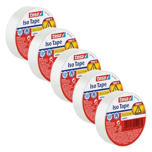 tesa Isolierband im 5er Pack- Selbstklebendes Isolierband, hitzebeständig - Zum Isolieren, Reparieren und Bündeln - 5x 10 m : 15mm - Weiß von tesa