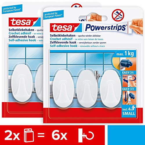 tesa Powerstrips Haken Small OVAL im 2er Pack - Selbstklebender Wandhaken für Glas, Kacheln, Holz, Kunststoff und andere Untergründe - Weiß - 2 x 3 Klebehaken von tesa