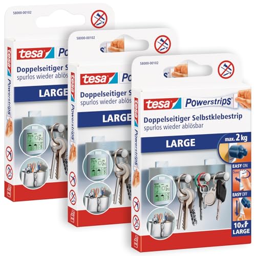 tesa Powerstrips Large im 3er Pack - Doppelseitige Klebestreifen zur Montage von Gegenständen auf glatten Oberflächen - Bis zu 2 kg Halteleistung - insgesamt 30 Powerstrips Weiß von tesa