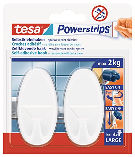 tesa Powerstrips Haken Large OVAL - Selbstklebender Wandhaken für Glas, Kacheln, Holz, Kunststoff und andere Untergründe - Weiß von tesa