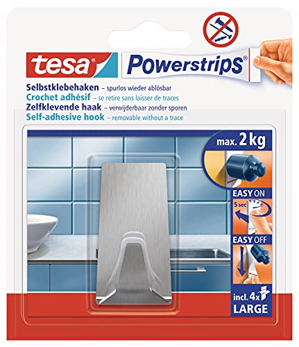 tesa Powerstrips Haken LARGE aus Metall - selbstklebender Badhaken, verstellbar, eckige Form - im Haushalt vielseitig einsetzbarer Metallhaken - belastbar bis 2 kg von tesa