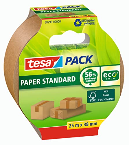 tesapack Papier Standard - Umweltschonendes Paketband aus Papier, 56 % biobasiertes Material - Effizient und recyclingfreundlich - Braun - 25 m x 38 mm von tesa
