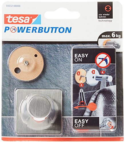 tesa Powerbutton Haken Classic aus verchromtem Metall - selbstklebender Badhaken, eckige Form - Handtuchhaken für das Bad - belastbar bis 6 kg von tesa