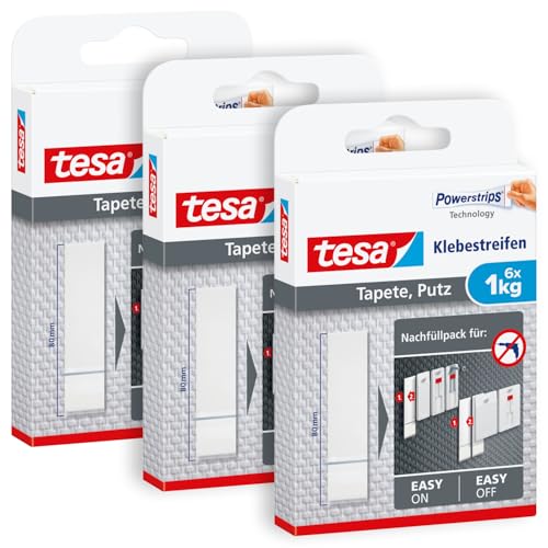 tesa Klebestreifen Tapete und Putz im 3er Pack - Klebestreifen zum tesa Klebenagel für Tapeten und Putz - 1 kg Halteleistung pro Streifen - 3 x 6 Streifen tesa Klebestreifen Tapete und Putz im 3er Pack - Klebestreifen zum tesa Klebenagel für Tapeten und Putz - 1 kg Halteleistung pro Streifen - 3 x 6 Streifen von tesa