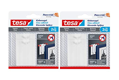 Tesa 77776 Selbstklebende Nagel für Tapeten und Putz/Nägel selbstklebend für empfindliche Oberflächen/Einfach anzubringen und zu entfernen / 2 x 2 kg Haltekraft, 2 kg, 2 Stück Tesa 77776 Selbstklebende Nagel für Tapeten und Putz/Nägel selbstklebend für empfindliche Oberflächen/Einfach anzubringen und zu entfernen / 2 x 2 kg Haltekraft, 2 kg, 2 Stück von tesa