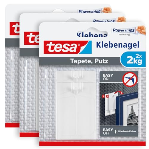 tesa Klebenagel für Tapeten und Putz - Selbstklebende Nägel für empfindliche Oberflächen - rückstandslos - bis zu 2kg Halteleistung pro Nagel - 2kg (3er pack) von tesa