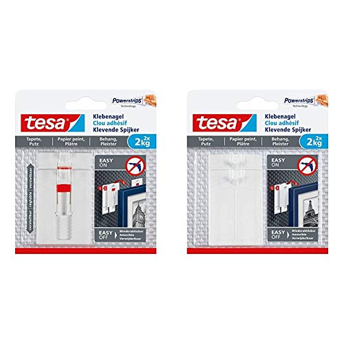 tesa 77777-00000-00 Tapete & Putz bis 2kg Verstellbarer Klebenagel/ 2 x 2 kg Halteleistung, Weiß, 2 kg, 2 Stück & 77776-00000-00 Klebenagel für Tapeten und Putz / 2 x 2kg Halteleistung, 2 Kg, 2 Stück von tesa