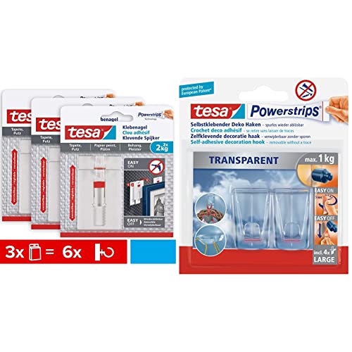 tesa 77777 Verstellbarer Klebenagel für Tapeten und Putz2kgim3erPack-Höhenverstellbarer,selbstklebenderWandnagel-Biszu2 kg & Powerstrips Deco-Haken, transparent, für max. 1kg, Packung mit 2 Groß Haken von tesa