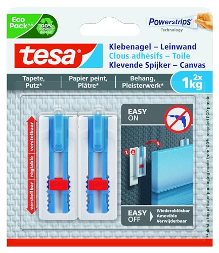 tesa Klebenagel Tapeten & Putz - höhenverstellbar - selbstklebender Nagel - ideal für Leinwand & Keilrahmen - hält bis 1kg/Nagel - spurlos ablösbar von TESA