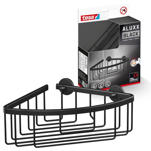 tesa ALUXX BLACK Eck-Duschablage zur Wandmontage ohne Bohren, schwarz matt - einstöckig - für Bäder im Industrial Style und moderne Badezimmer - mit Klebelösung - 207 mm x 92 mm x 202 mm von tesa
