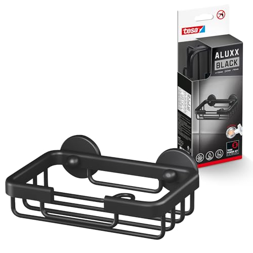 tesa ALUXX BLACK Seifenablage zur Wandmontage ohne Bohren, schwarz matt - für Bäder im Industrial Style und moderne Badezimmer - mit Klebelösung - 135 mm x 46 mm x 95 mm von tesa