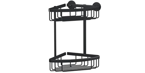 tesa ALUXX BLACK zweistöckige Eck-Duschablage zur Wandmontage ohne Bohren, schwarz matt - für Bäder im Industrial Style und moderne Badezimmer - mit Klebelösung - 163 mm x 260 mm x 170 mm von tesa