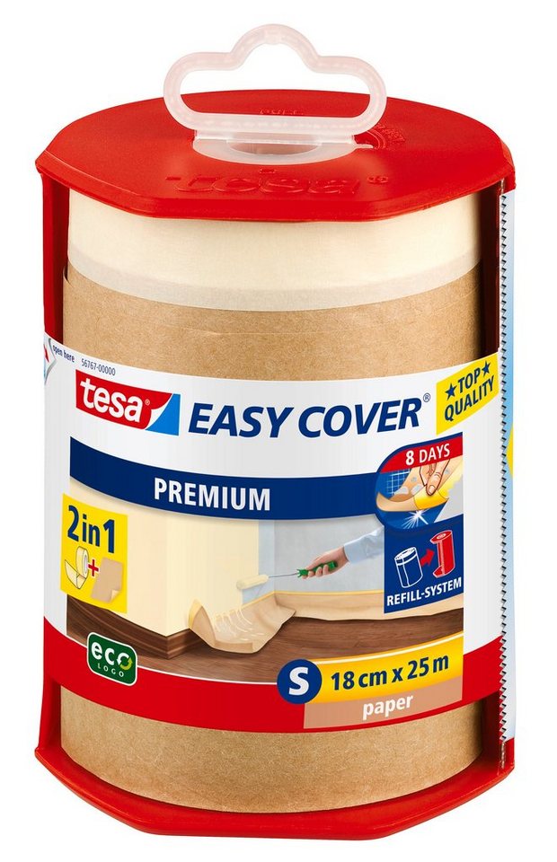 tesa Abdeckfolie EASY COVER Premium Papier Abdeckpapier Nachfüllrolle - 25 m : 0,18 m, (Kombi-Set, 1-St., Malerband + Abdeckpapier), Kreppband&Abdeckpapier - Abdecken&Abkleben für saubere Malerarbeiten von tesa