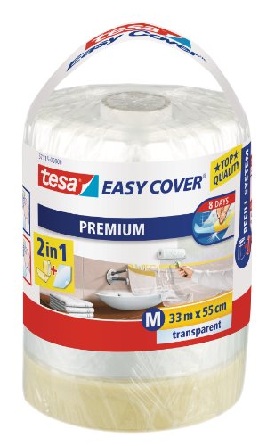 tesa Easy Cover Premium Abdeckfolie für Malerarbeiten – Nachfüllrolle – 2 in1 Malerfolie und Malerband – Ersatz-Rolle für Abroller – 33 m x 55 cm von tesa