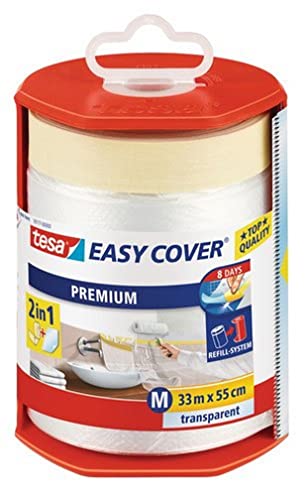 tesa Easy Cover Premium Abdeckfolie für Malerarbeiten - 2 in1 Malerfolie zum Abdecken und Kreppband zum Abkleben - Nachfüllbar, mit Abroller - 33 m x 50 cm von tesa