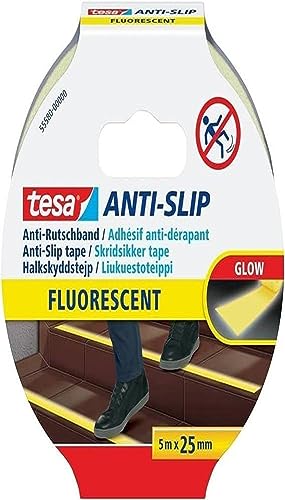 tesa Anti-Rutschband - Rutschfestes Klebeband für innen und außen - Für Treppen, Leitern und glatte Böden - Fluoreszierend - 5 m x 25 mm von tesa