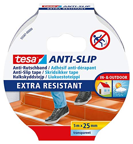 tesa Anti-Rutschband - Rutschfestes Klebeband für innen und außen - Für Treppen, Leitern und glatte Böden - Weiß- 5 m x 25 mm von tesa