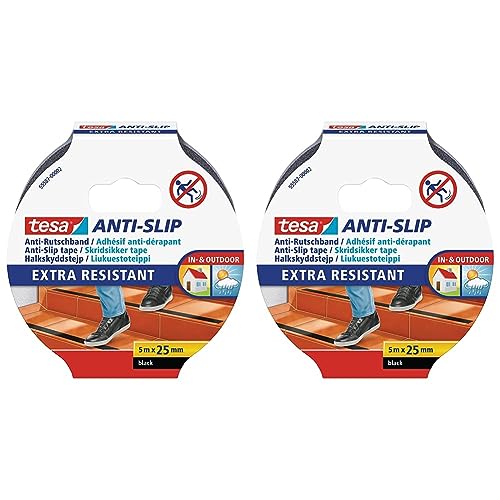 tesa Anti-Rutschband - Rutschfestes Klebeband für innen und außen - Für Treppen, Leitern und glatte Böden - Schwarz - 5 m x 25 mm (Packung mit 2) von tesa